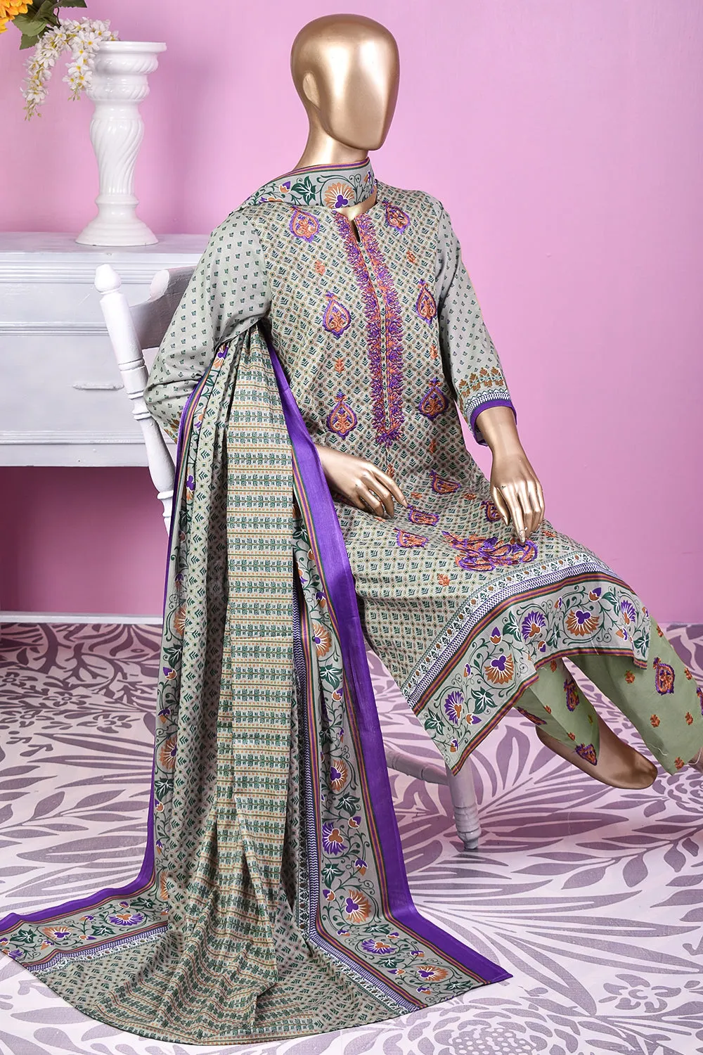 3 Pc Unstitched Embroidered Lawn Dress with Lawn Printed Dupatta & Embroidered Cotton Trouser - Bright Sunshine (ZLE-1B)