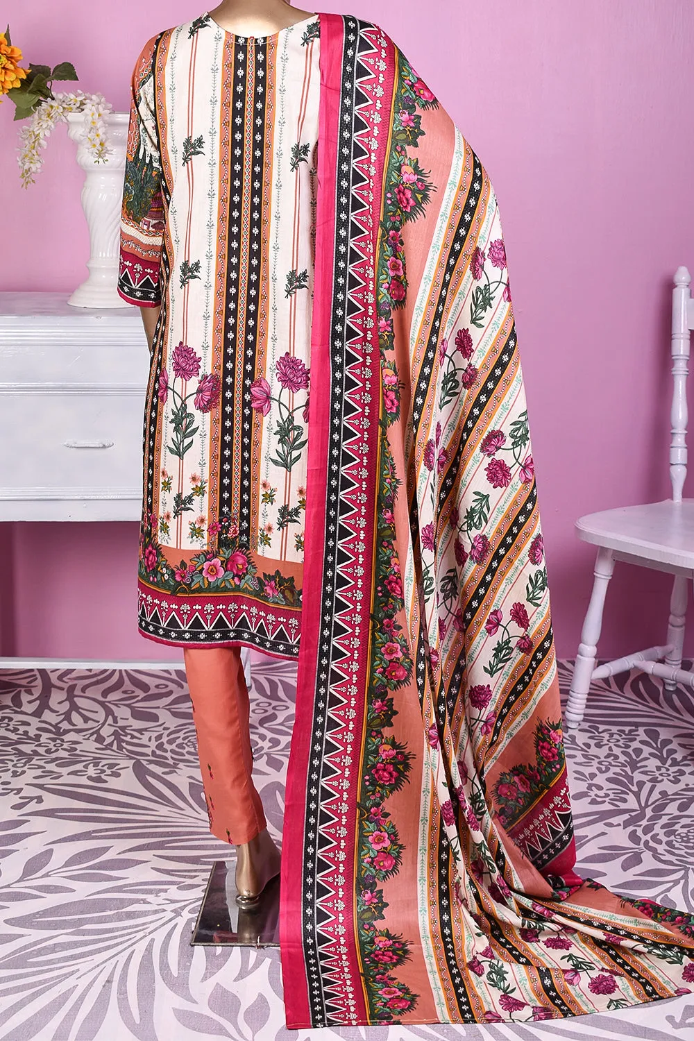 3 Pc Unstitched Embroidered Lawn Dress with Lawn Printed Dupatta & Embroidered Cotton Trouser - Minin (ZLE-2A)