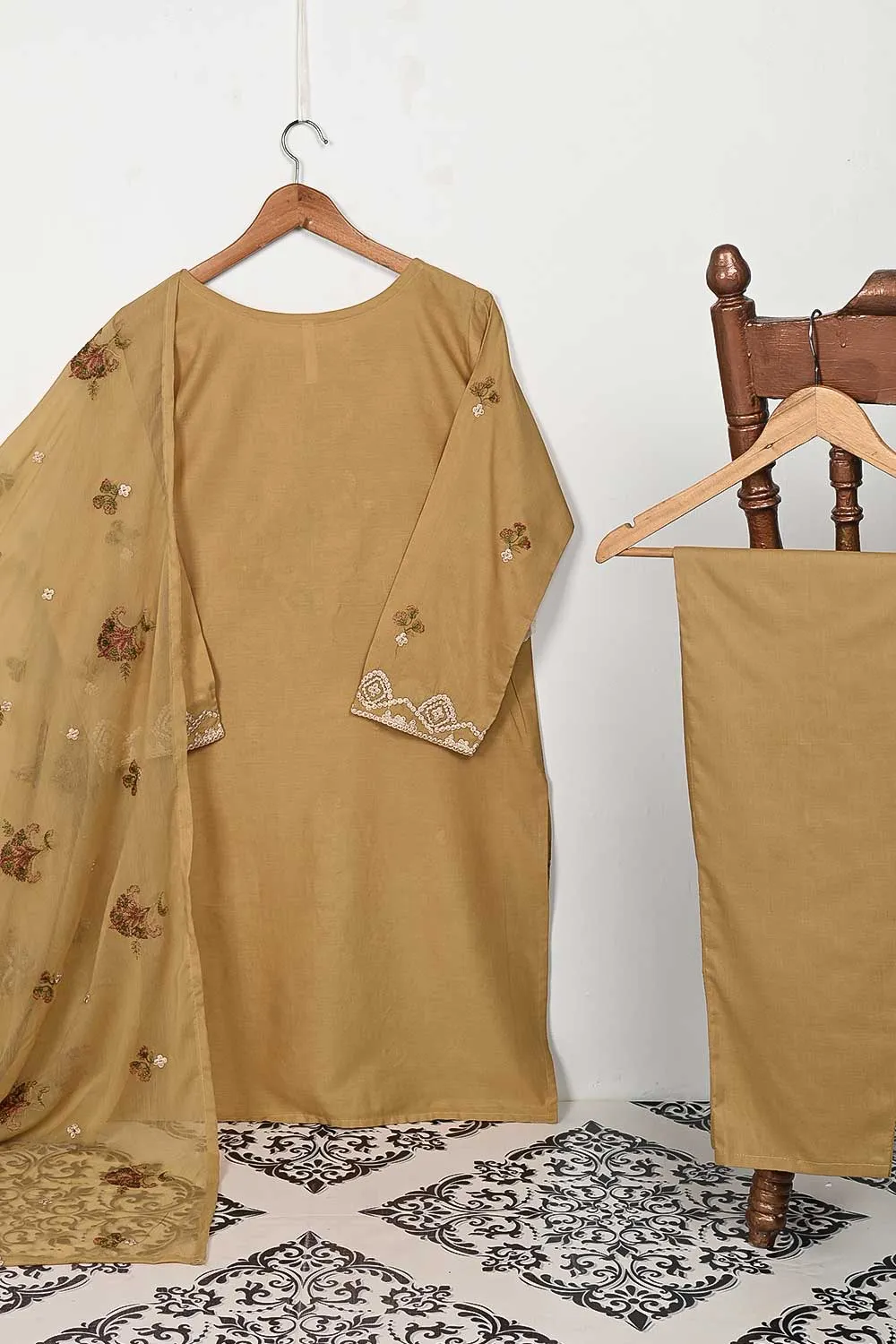 3SP-9A-Skin - 3PC COTTON EMBROIDERED Dress With Chiffon Embroidered Dupatta