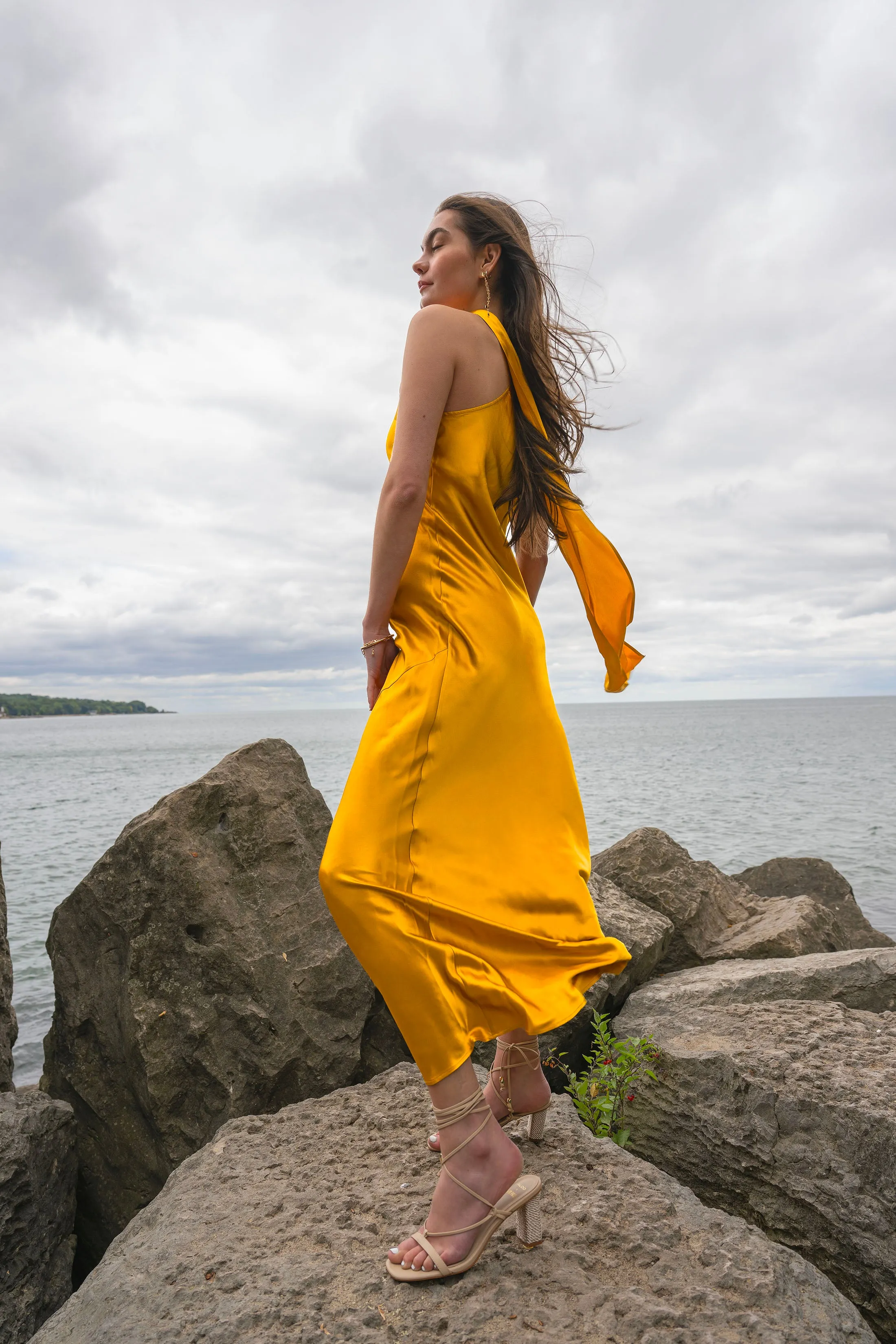 Amal Silk Slip Dress with Floral Corsage