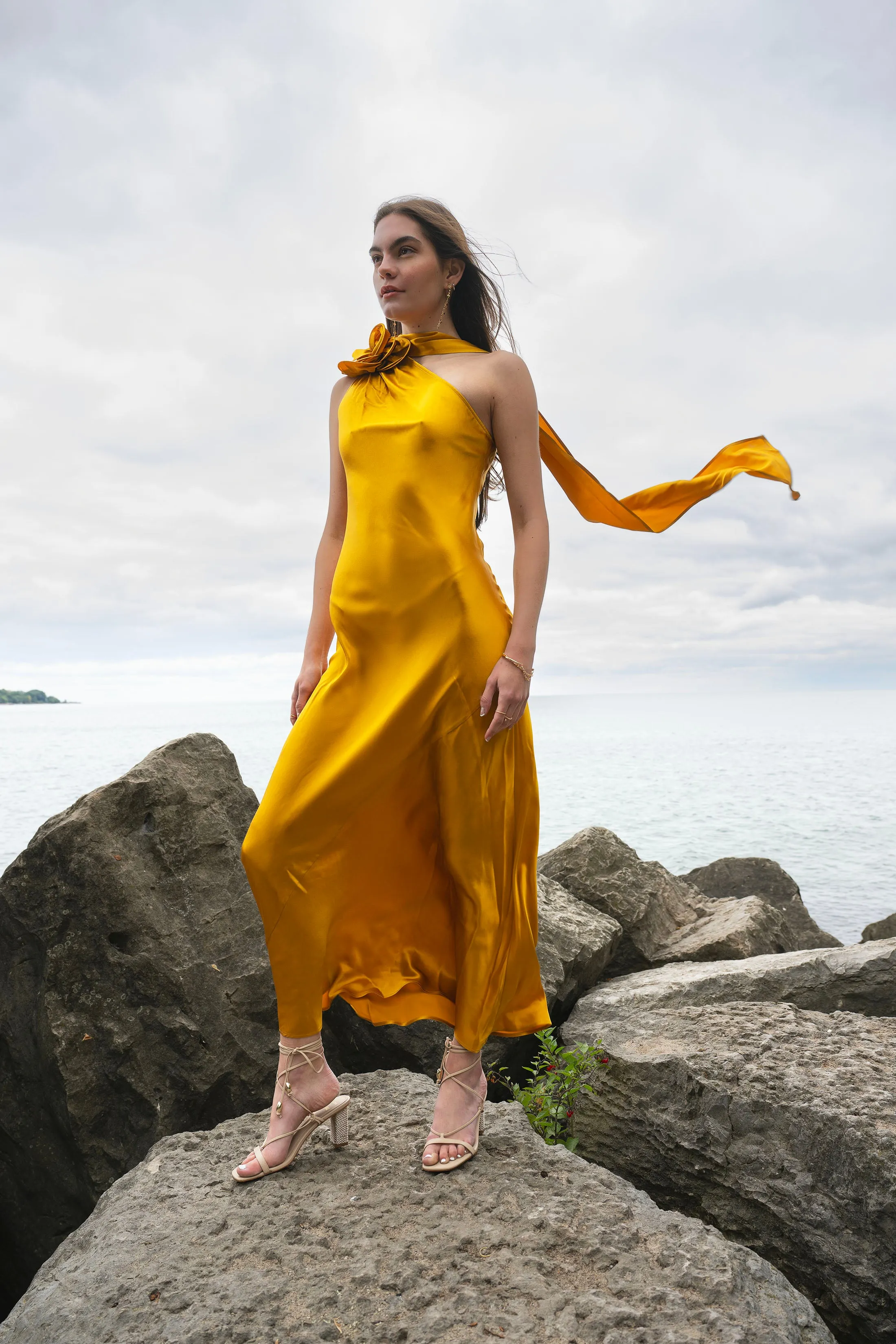 Amal Silk Slip Dress with Floral Corsage