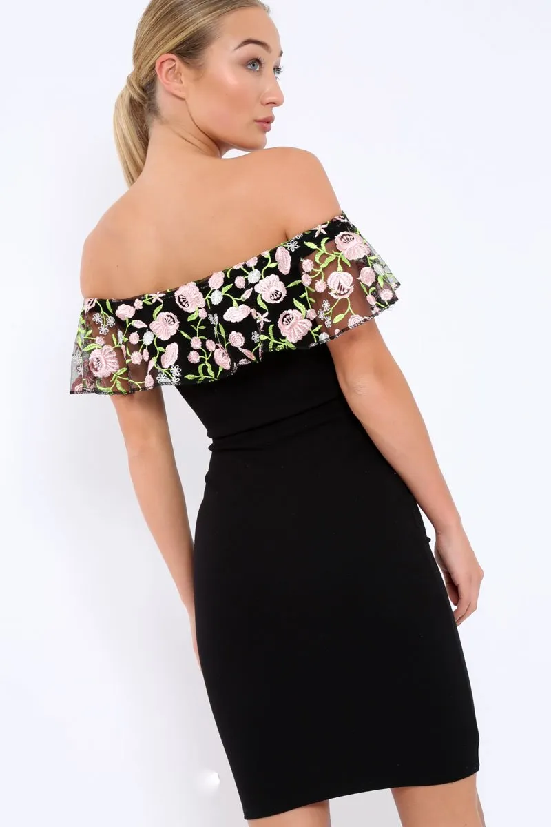 Black Embroidered Bardot Bodycon Dress - Jaxie