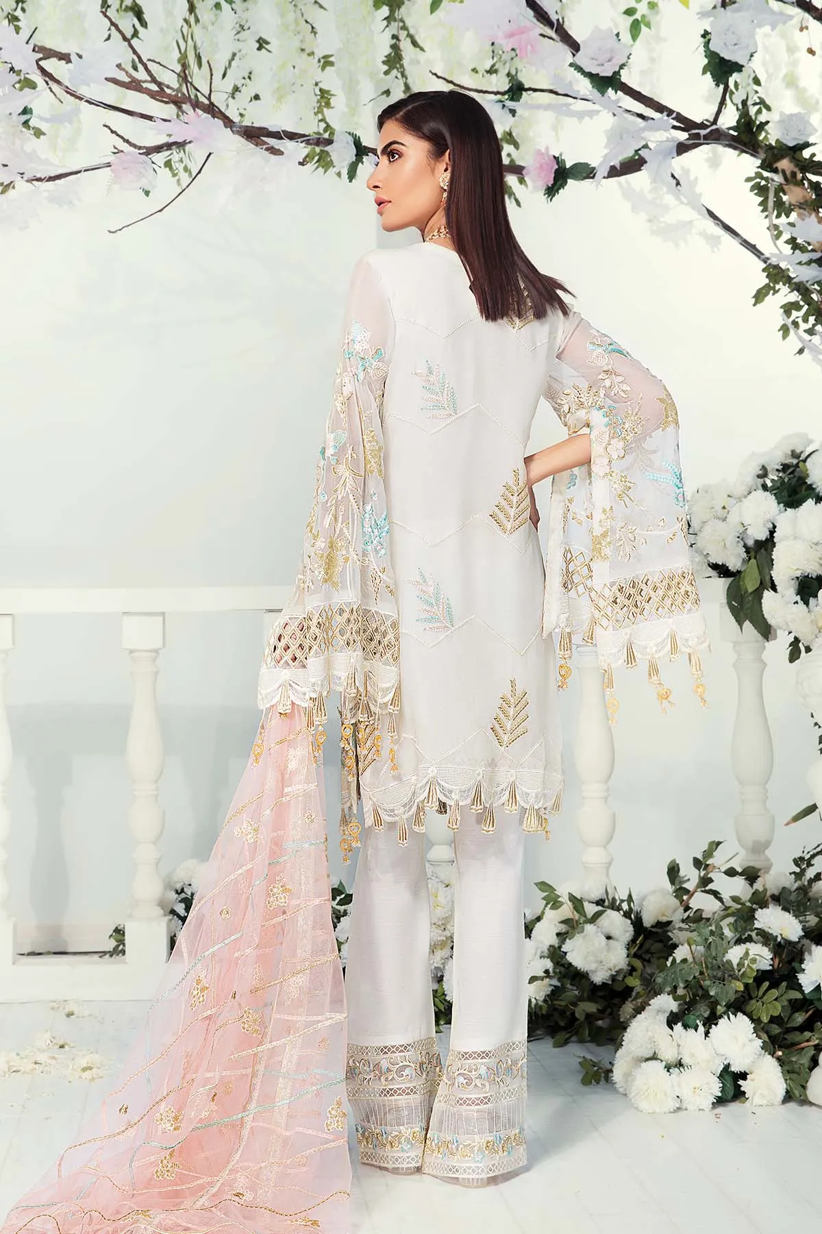 Chiffon Dress with Embroidery in White Color #J6114
