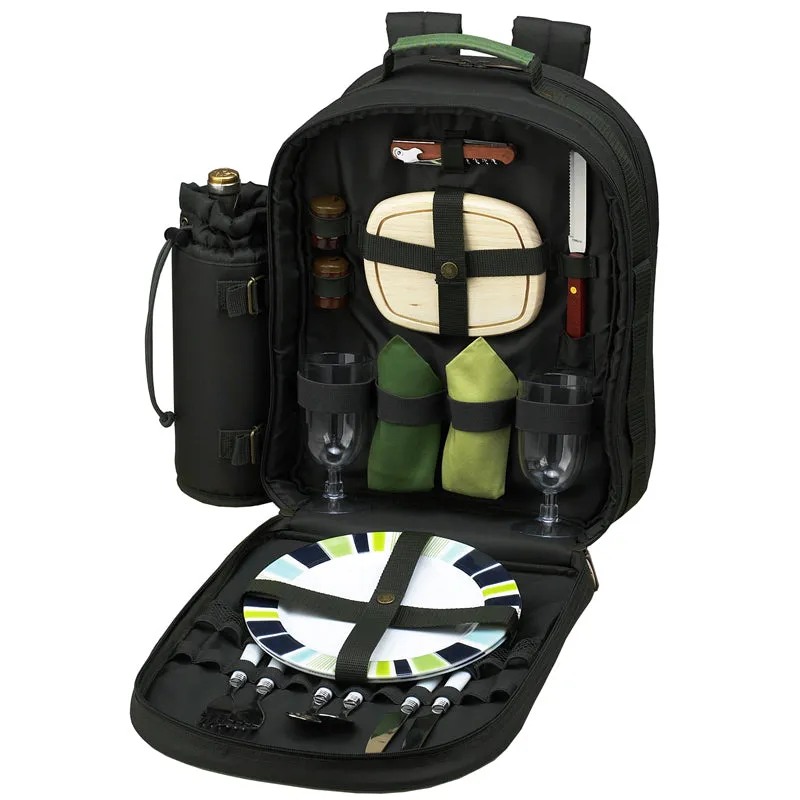 (D) 2 Person Picnic Backpack Bag, Full Equipment Set for Outdoor (Green)