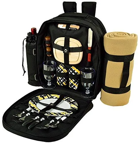 (D) Picnic Backpack Bag for 2, Full Set for Outdoor with Blanket (Black Paris)