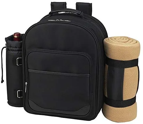 (D) Picnic Backpack Bag for 2, Full Set for Outdoor with Blanket (Black Paris)