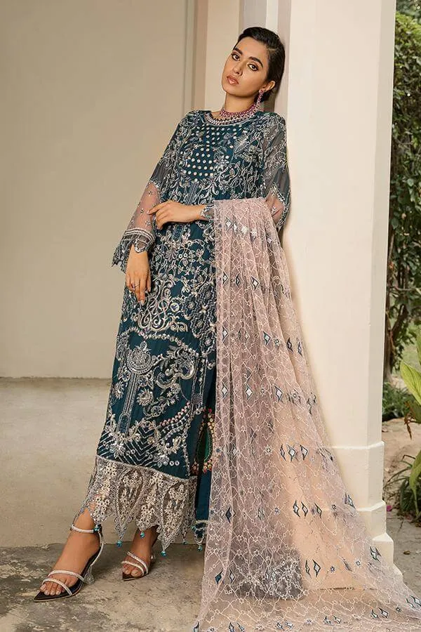 Embroidered Chiffon Dress In Green Color Online #PF132