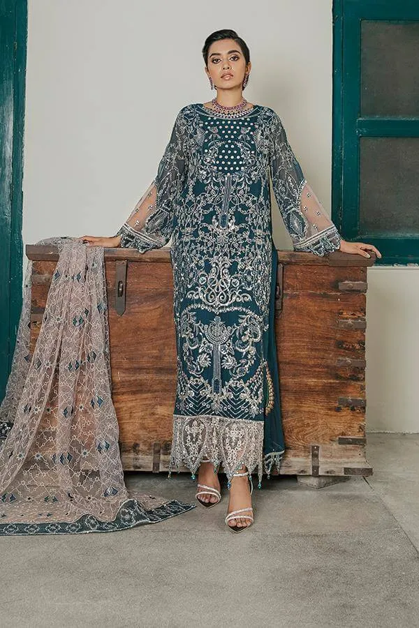 Embroidered Chiffon Dress In Green Color Online #PF132