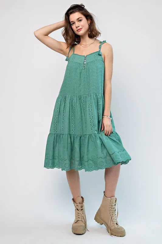 EMBROIDERED TRIM SMOCKED EYELET MAXI DRESS