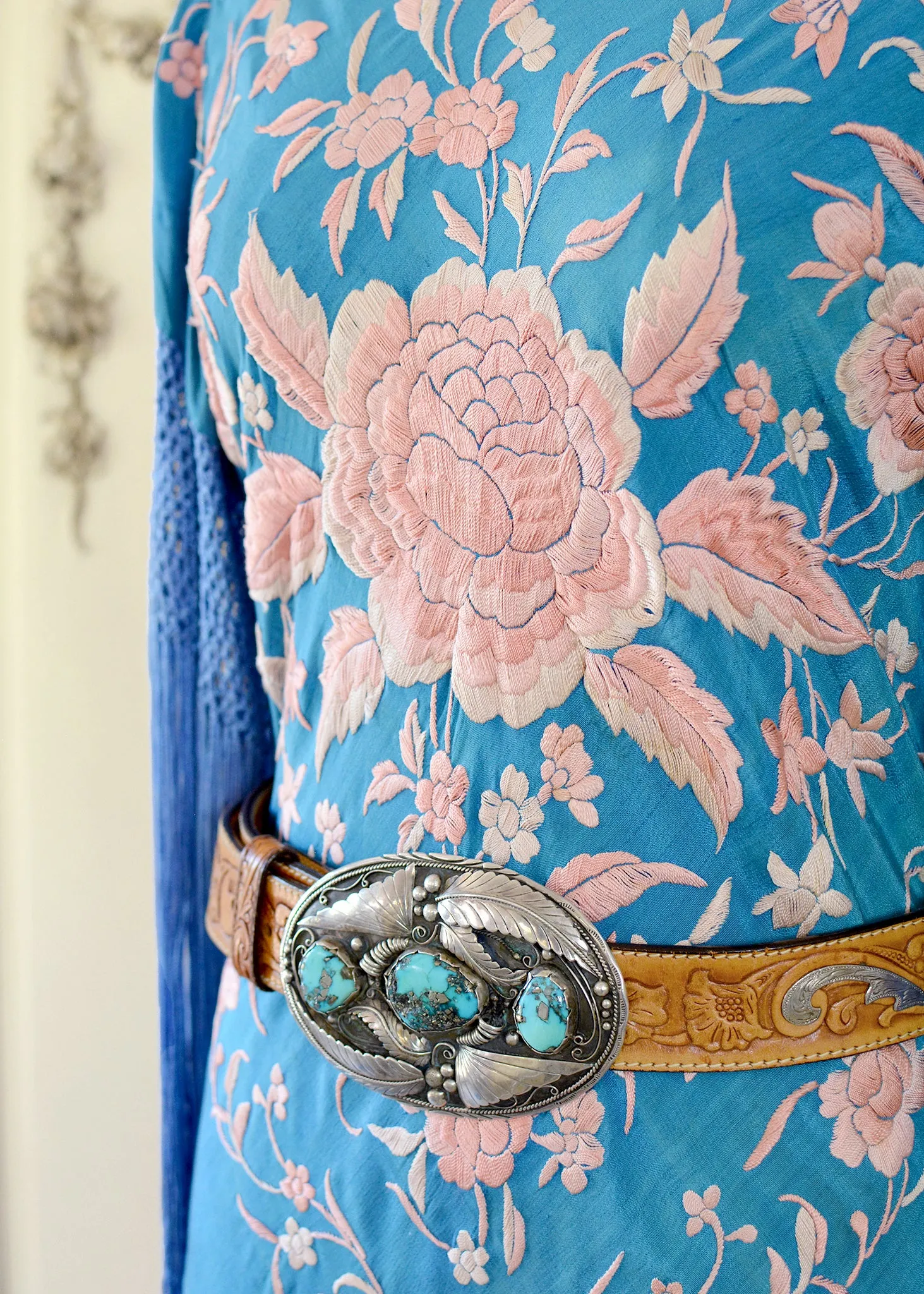 Eve Antique Hand Embroidered Silk Crepe Mini with Apricot Embroidery