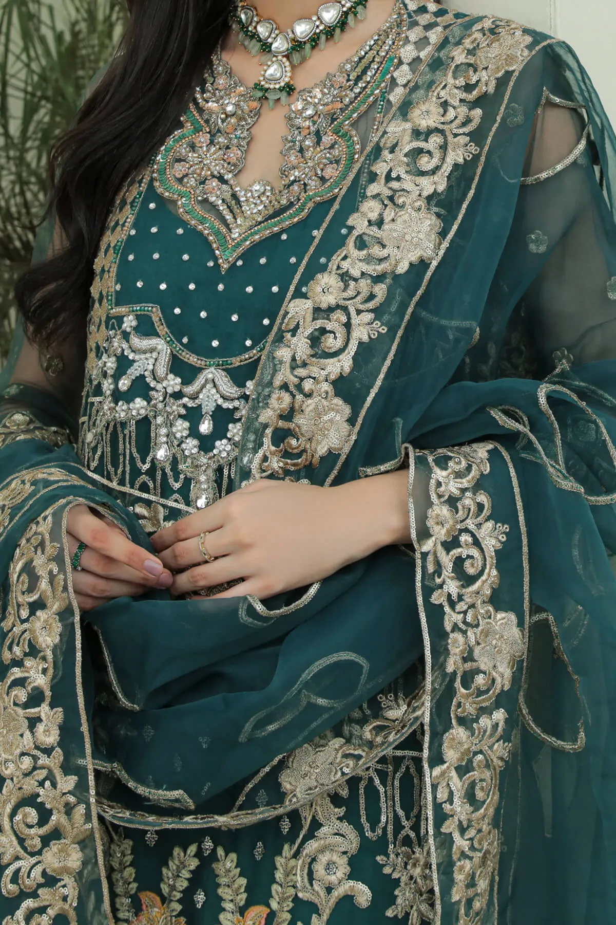 Festive Pakistani Embroidered Dress in Kameez Trouser and Organza Dupatta Style for Eid