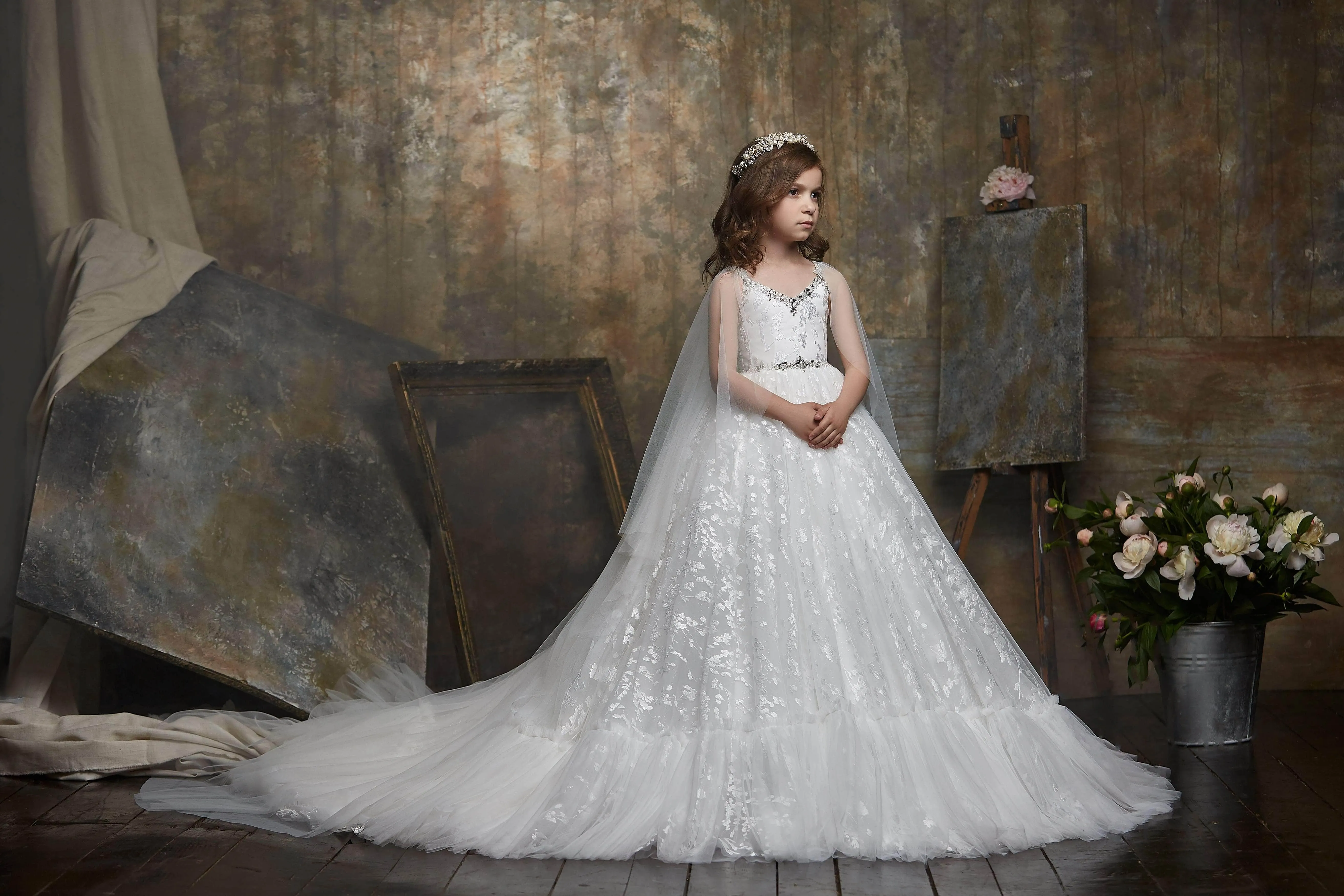 Floral Pattern White Dress with Cape for Flower Girls