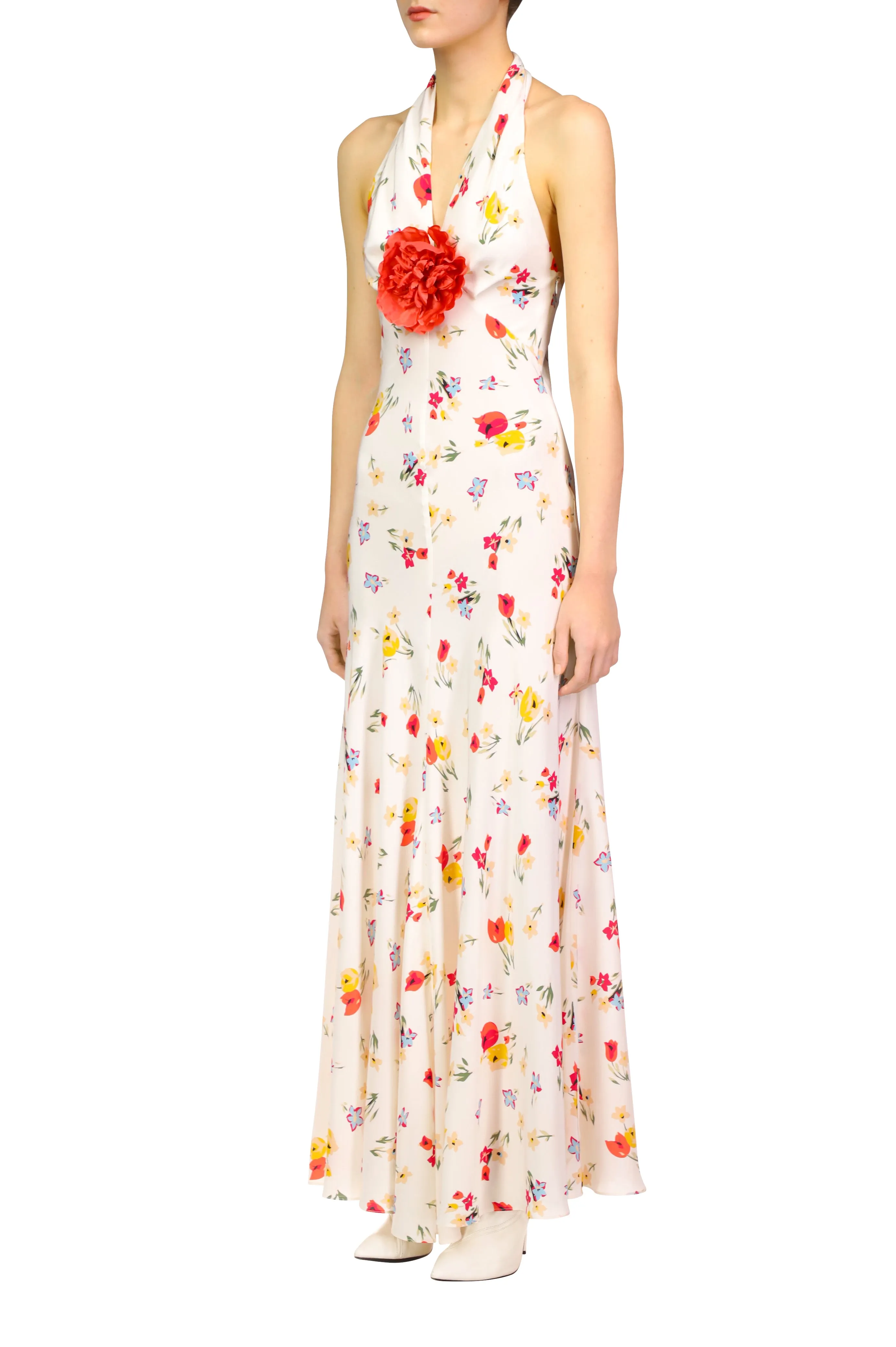 Floral Silk Satin Halter Dress With Silk Flower Pin