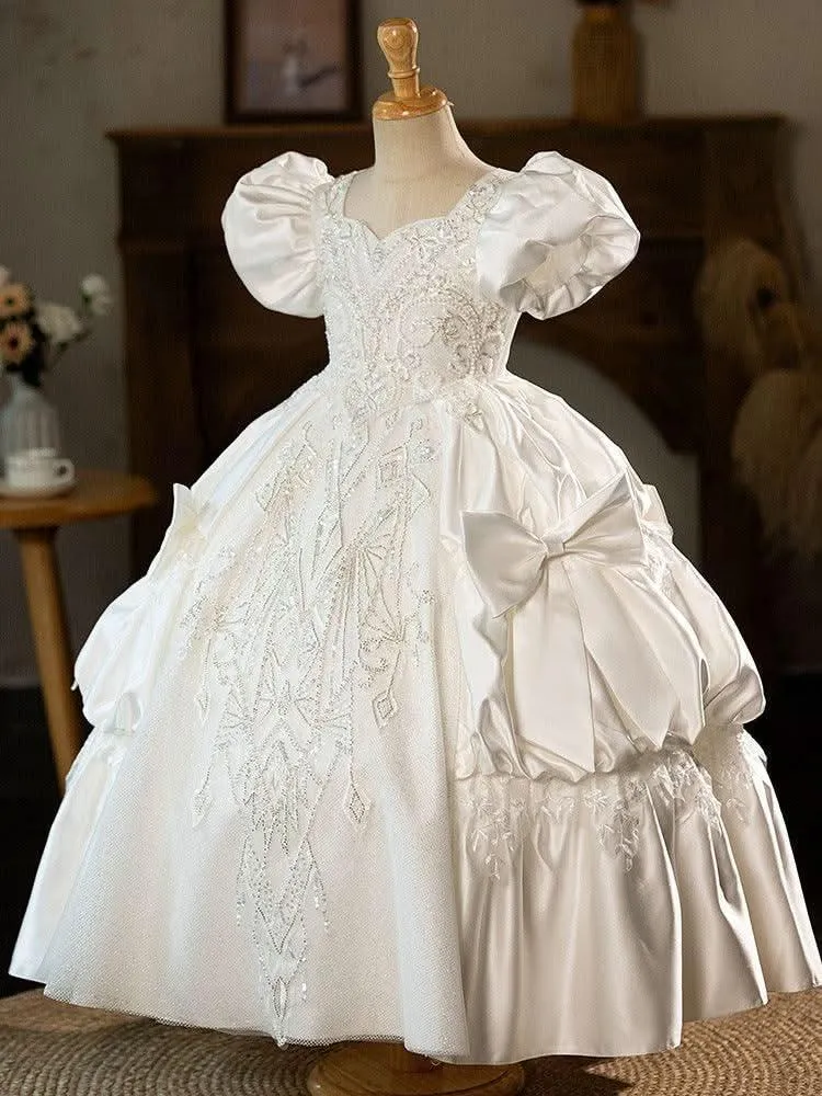 Girl Princess Dress White Wedding Dress Flower Girl Evening Dress Host Piano Stage Performance Silk Bubble Sleeve Girl Dress