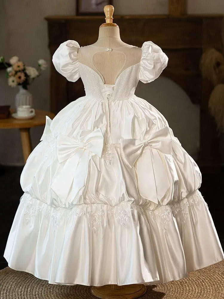 Girl Princess Dress White Wedding Dress Flower Girl Evening Dress Host Piano Stage Performance Silk Bubble Sleeve Girl Dress