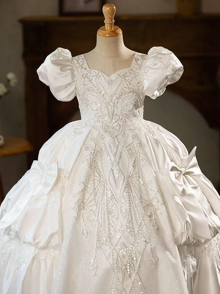 Girl Princess Dress White Wedding Dress Flower Girl Evening Dress Host Piano Stage Performance Silk Bubble Sleeve Girl Dress