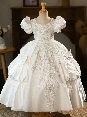 Girl Princess Dress White Wedding Dress Flower Girl Evening Dress Host Piano Stage Performance Silk Bubble Sleeve Girl Dress