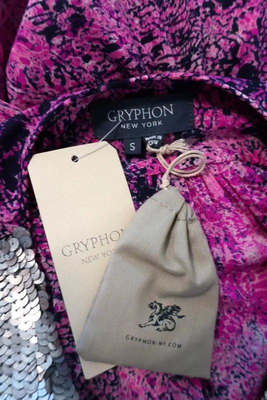 Gryphon Dress Gypset Sequin-Trim Pink Printed Silk Size Small Short Sleeve NEW