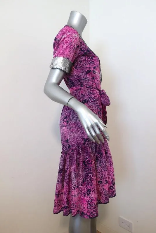 Gryphon Dress Gypset Sequin-Trim Pink Printed Silk Size Small Short Sleeve NEW