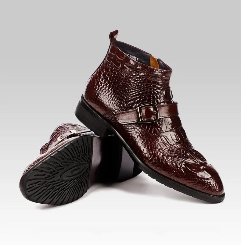 Handmade 2019 Hot Crocodile Pattern Mens Dress Boots Fashion Buckle Chelsea Ankle Genuine Leather Men Casual Boots