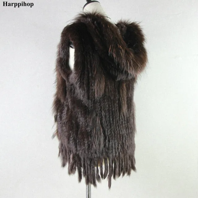 Harppihop fashion rabbit fur vest raccoon fur trimming knitted rabbit fur vest with hood fur waistcoat gilet