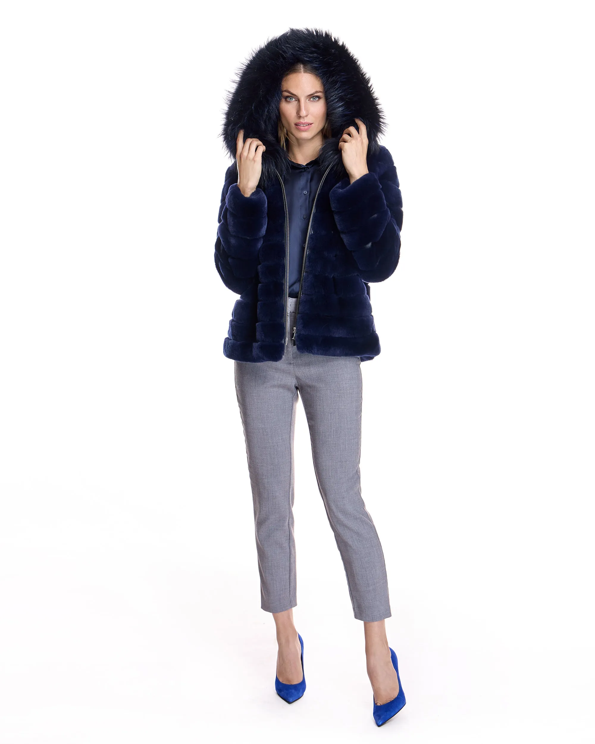 Horizontal Rabbit Jacket with Fox Trimmed Hood