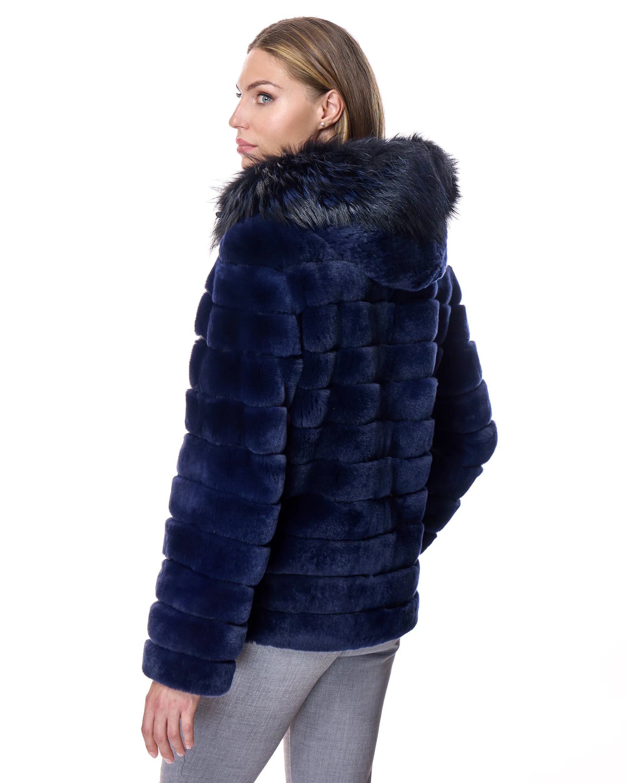Horizontal Rabbit Jacket with Fox Trimmed Hood