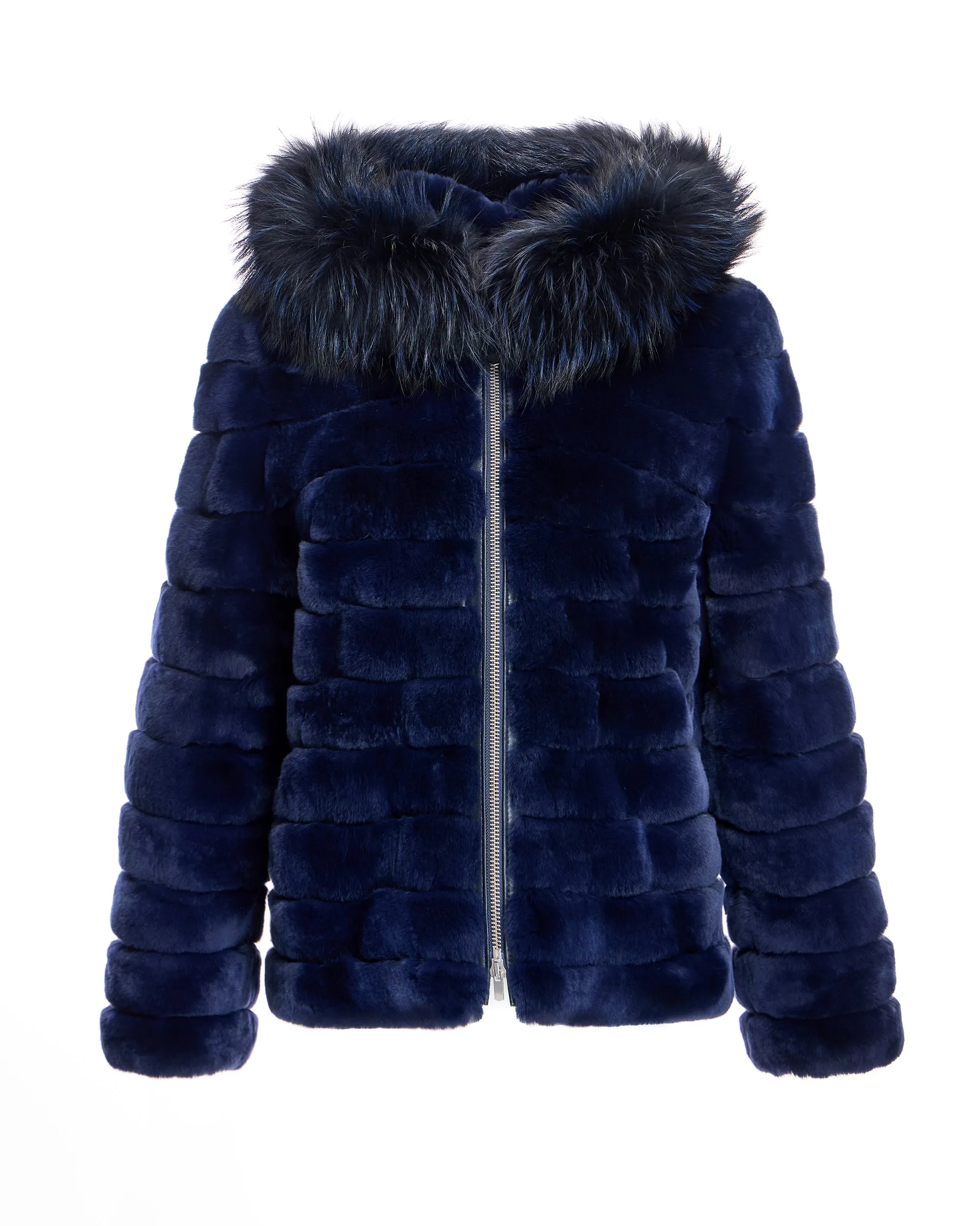 Horizontal Rabbit Jacket with Fox Trimmed Hood