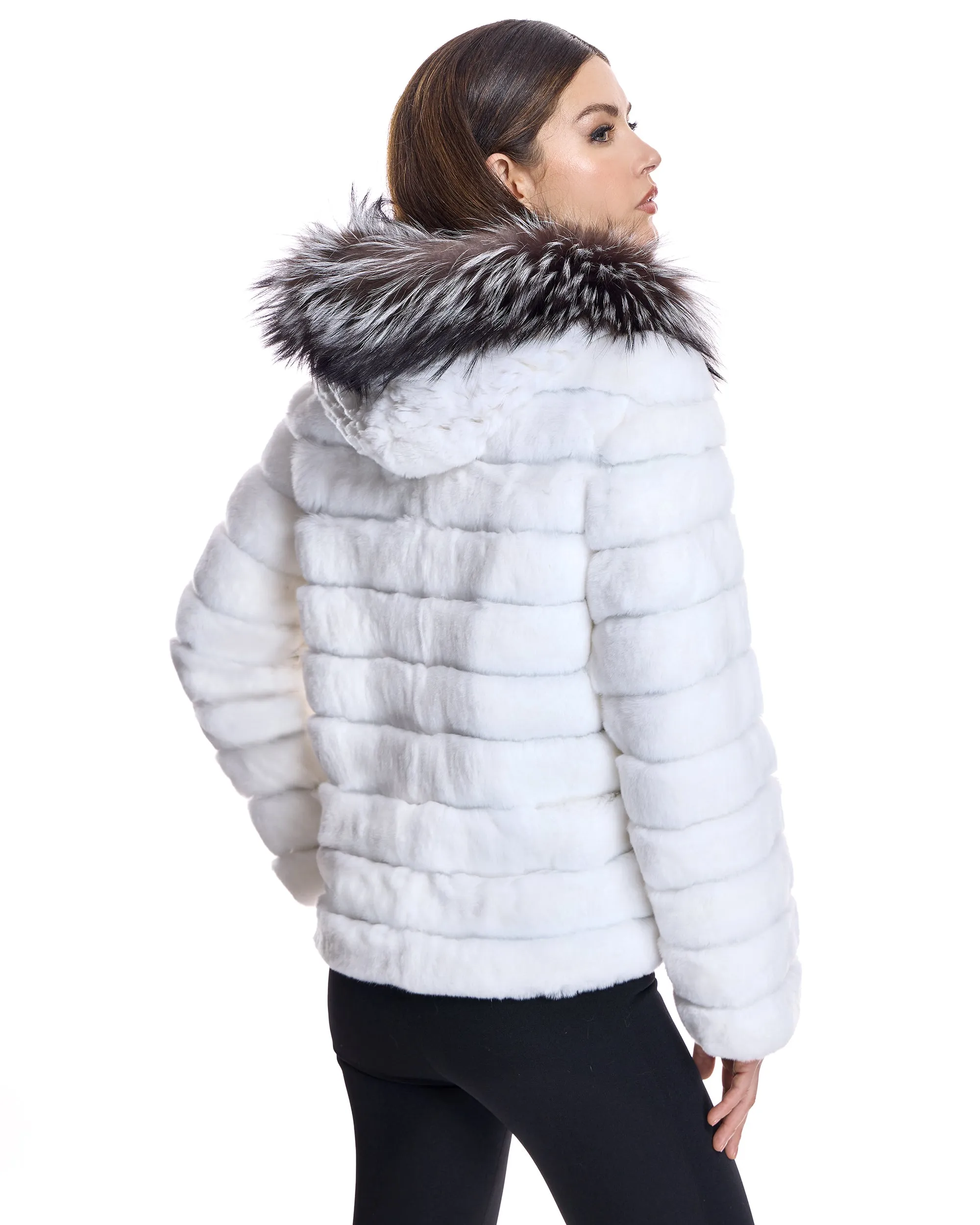 Horizontal Rabbit Jacket with Fox Trimmed Hood