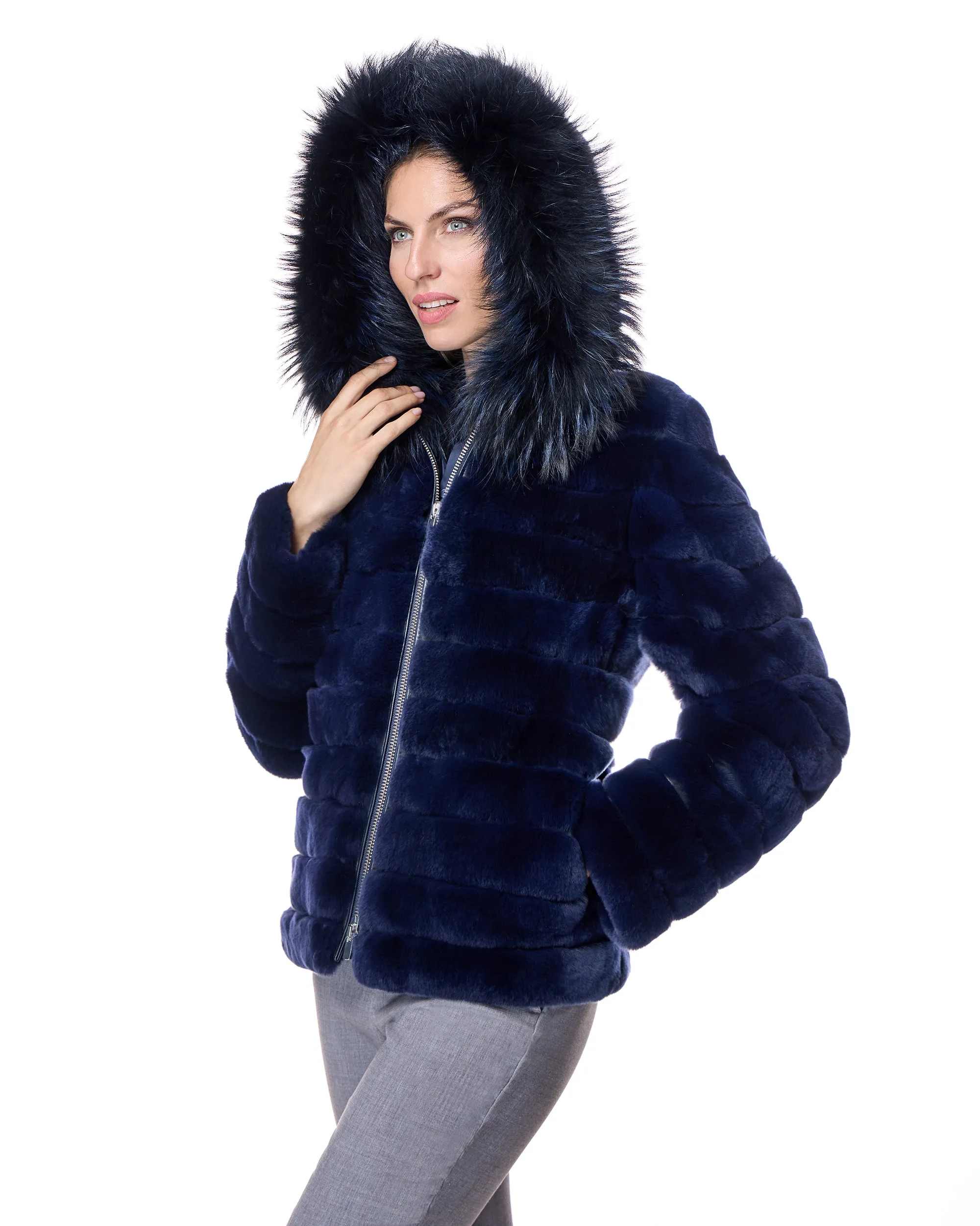 Horizontal Rabbit Jacket with Fox Trimmed Hood