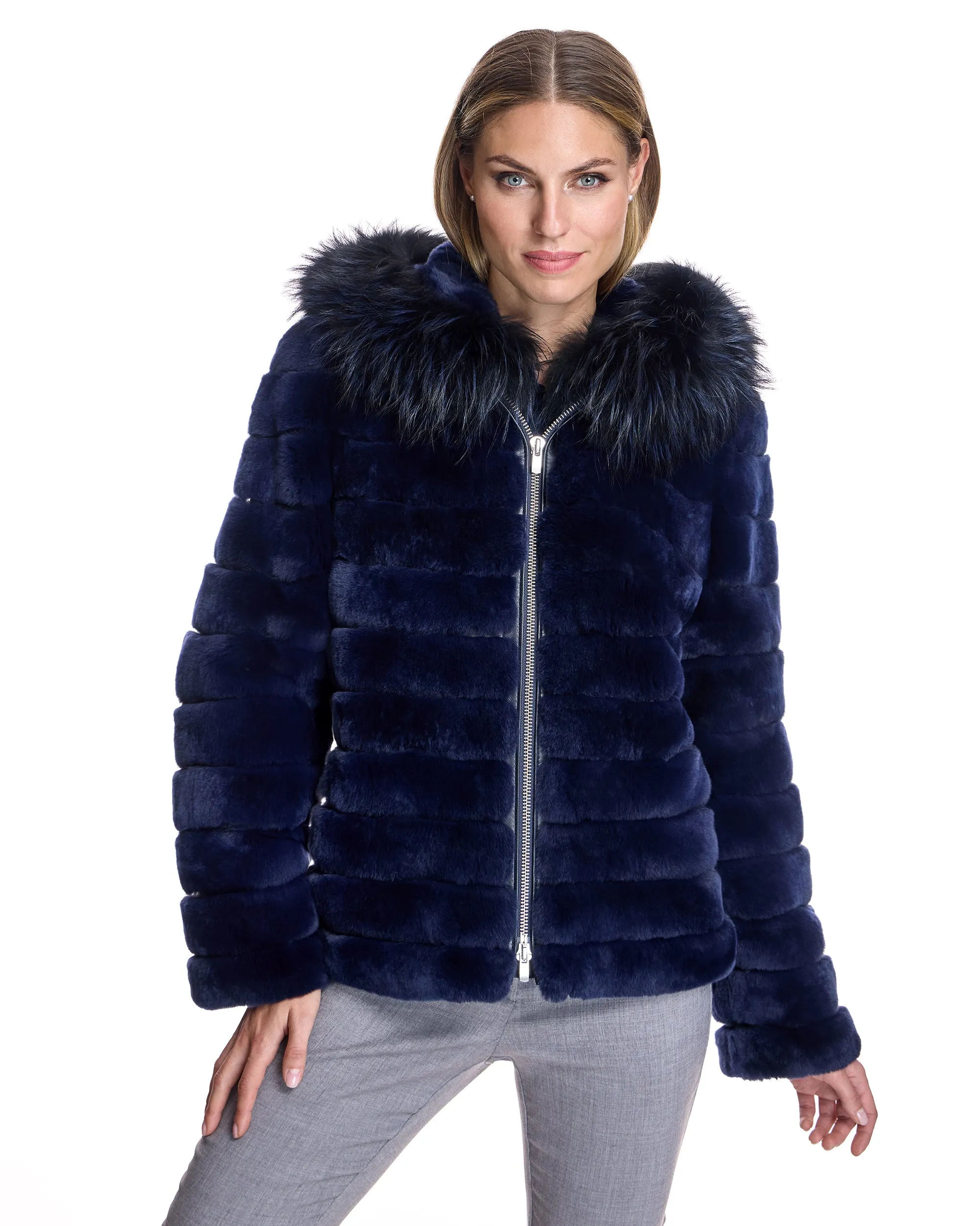 Horizontal Rabbit Jacket with Fox Trimmed Hood