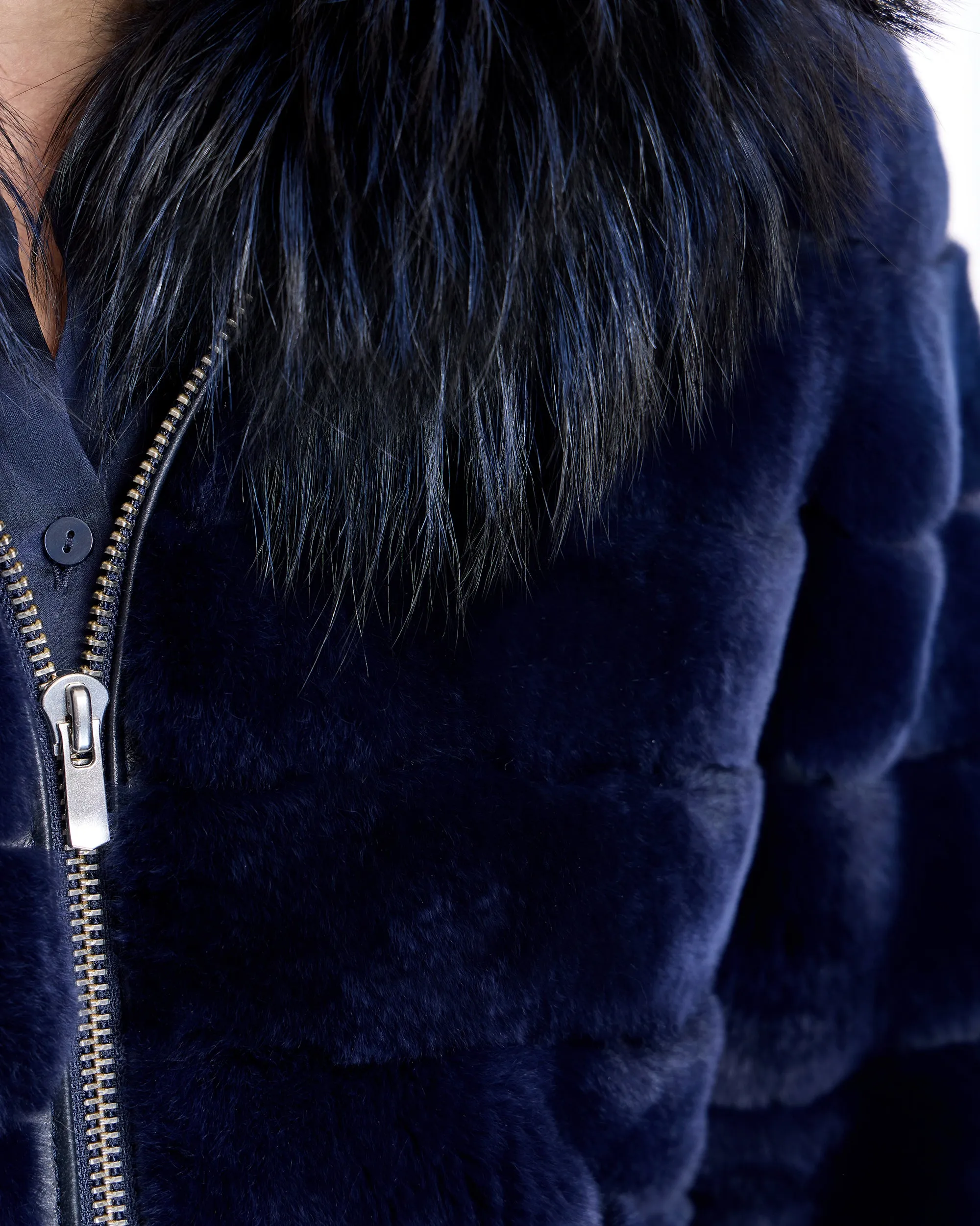 Horizontal Rabbit Jacket with Fox Trimmed Hood