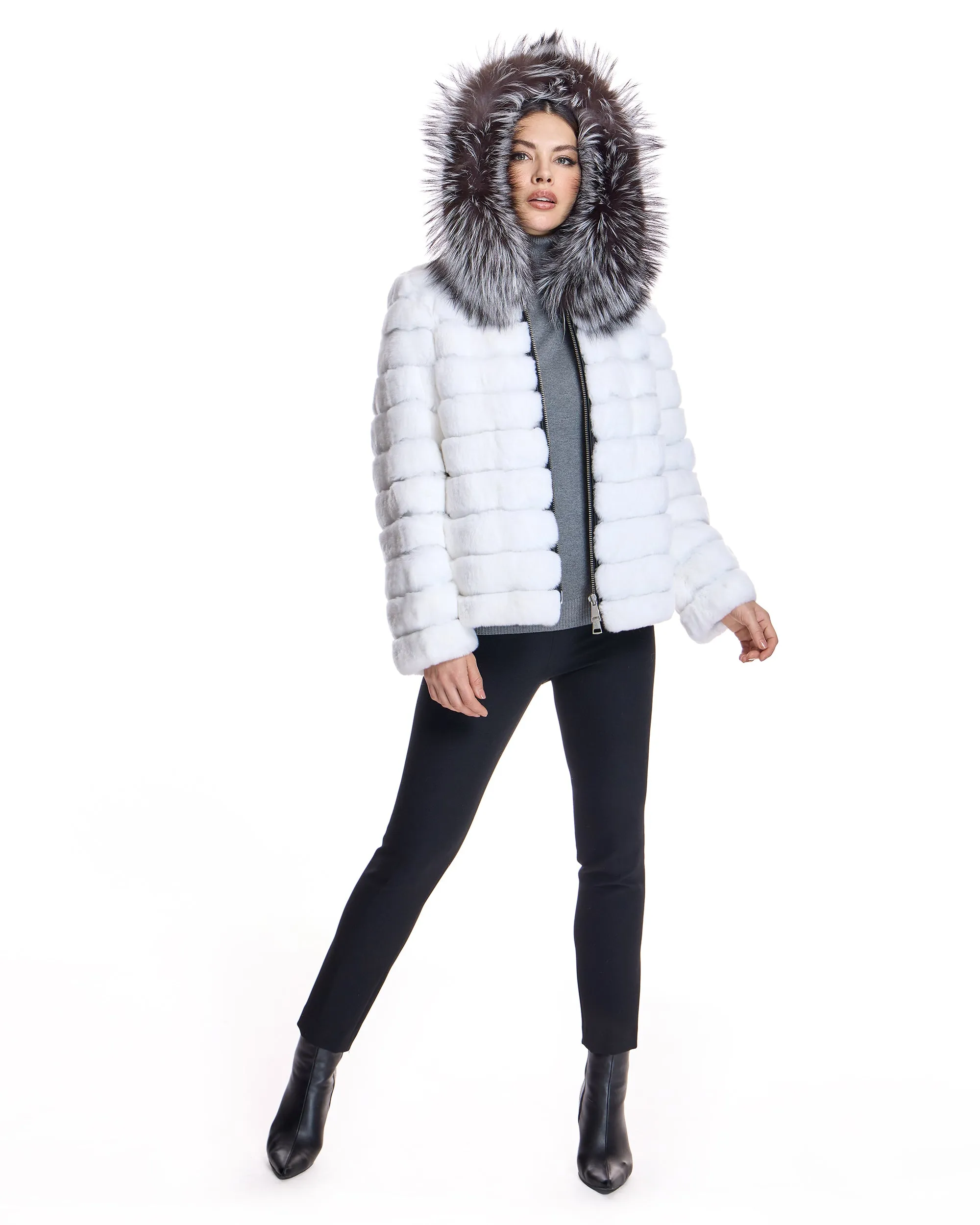 Horizontal Rabbit Jacket with Fox Trimmed Hood