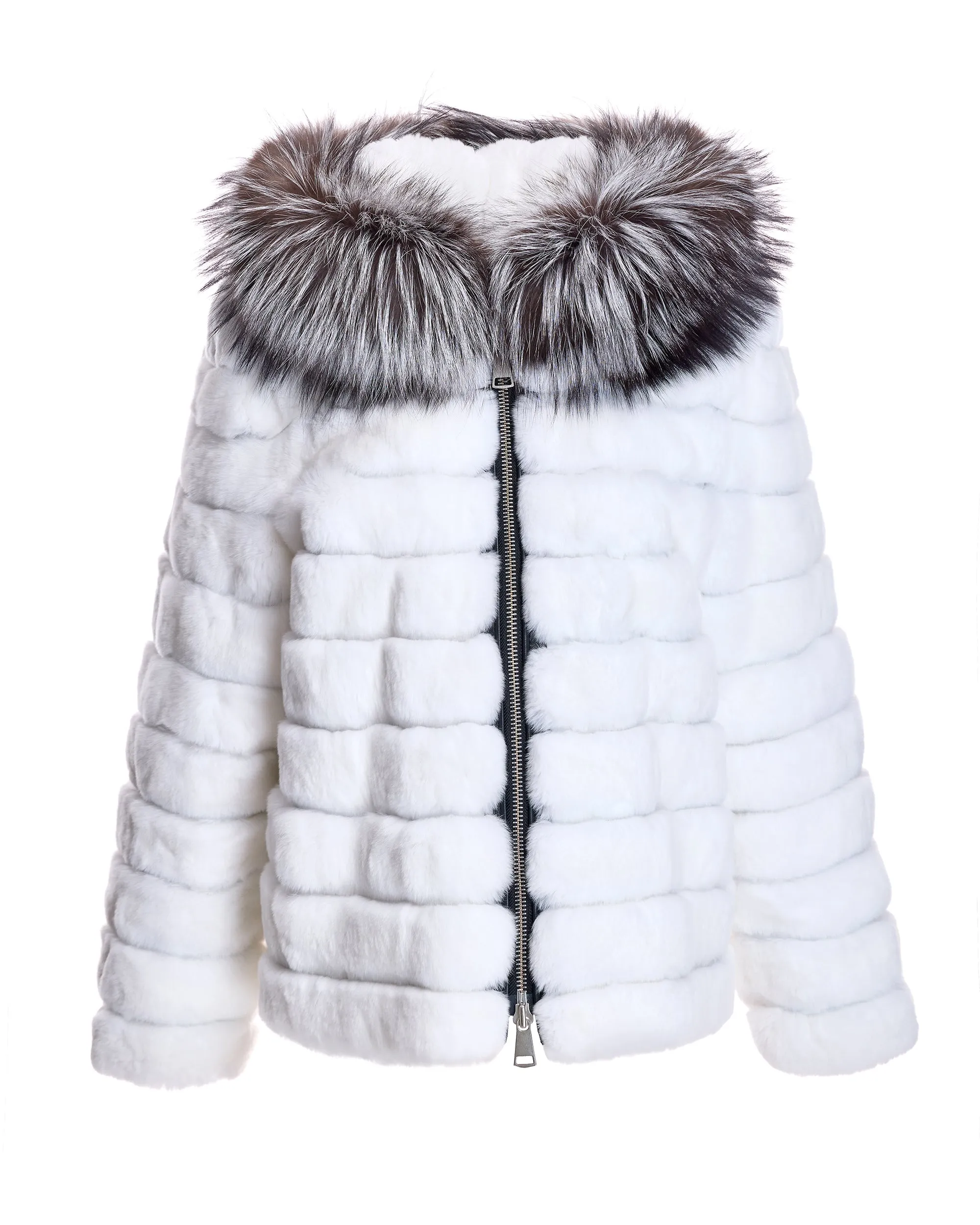 Horizontal Rabbit Jacket with Fox Trimmed Hood