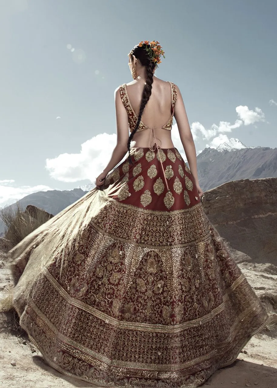 Latest Indian embroidered skirt dress in red color for wedding wear # B3410
