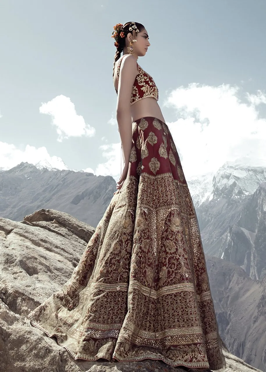 Latest Indian embroidered skirt dress in red color for wedding wear # B3410