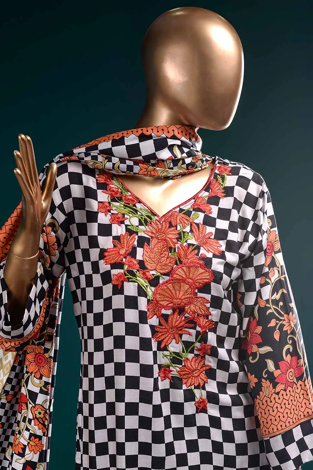 LL-4A - Chequered Mix  |  Unstitched Printed & Embroidered Linen Dress