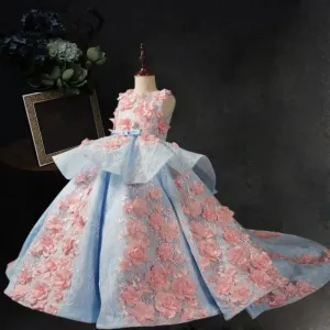 New performance high-end banquet children's evening dress embroidered tail girl princess dress