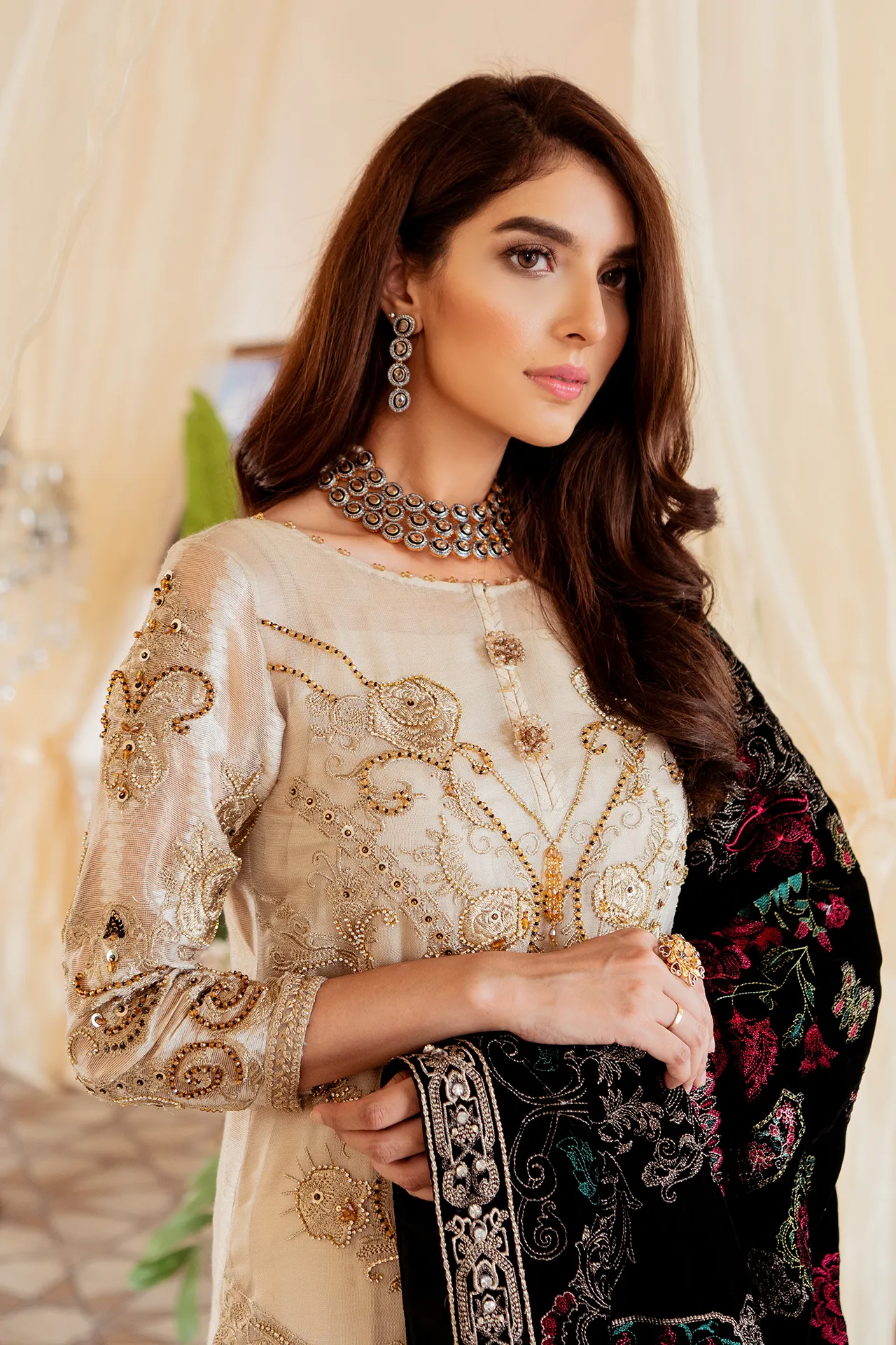 Pakistani embroidered zari party dress in dew mulberry color # P2444