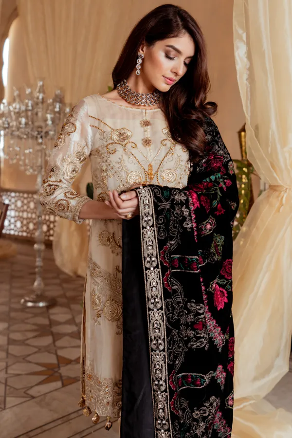 Pakistani embroidered zari party dress in dew mulberry color # P2444
