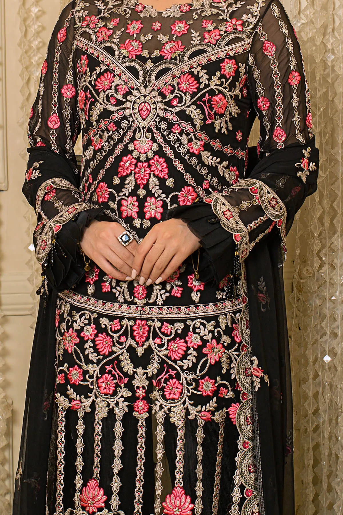 Pakistani Party Dress in Embroidered Chiffon Kameez and Raw Silk Trousers Style for Eid