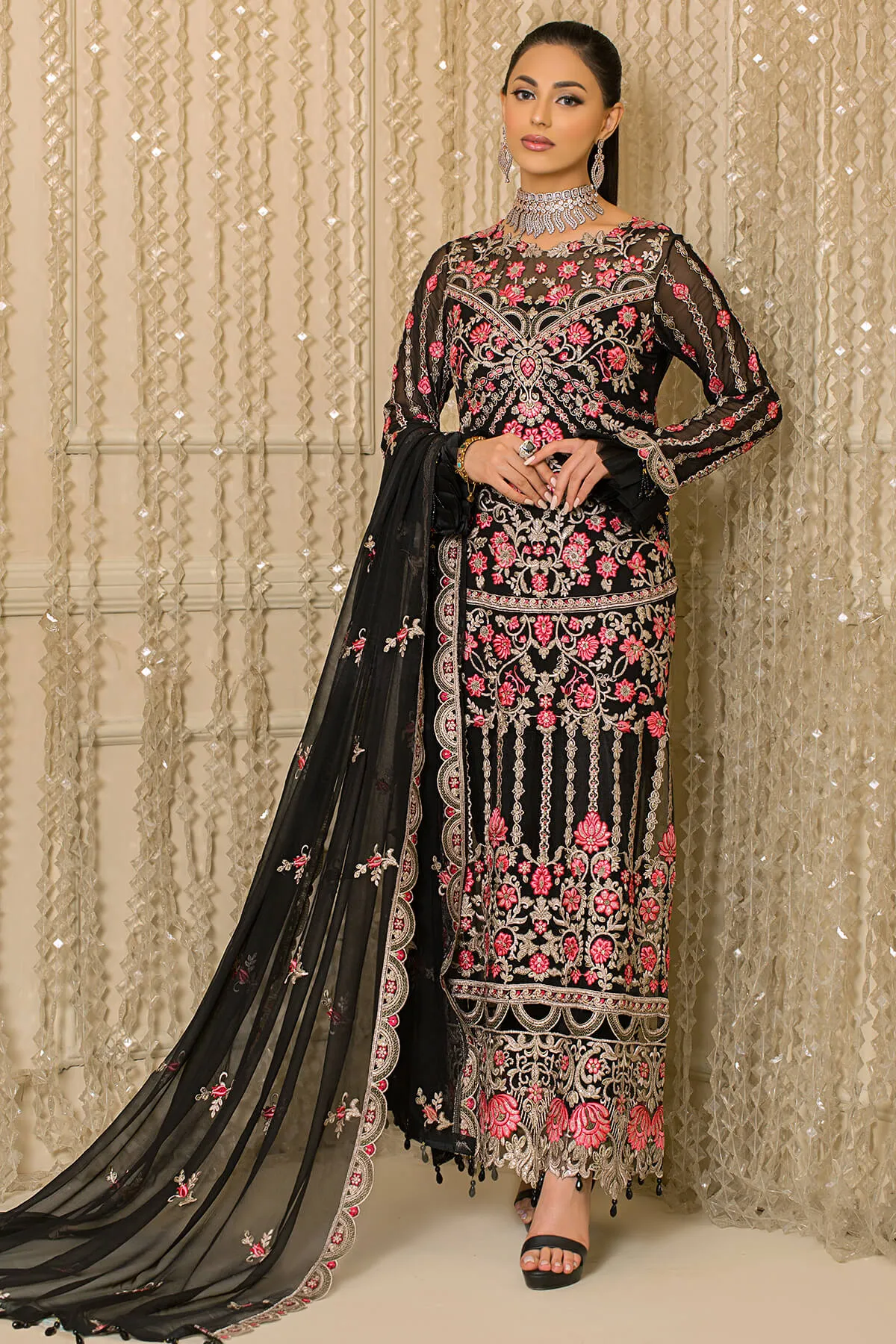 Pakistani Party Dress in Embroidered Chiffon Kameez and Raw Silk Trousers Style for Eid