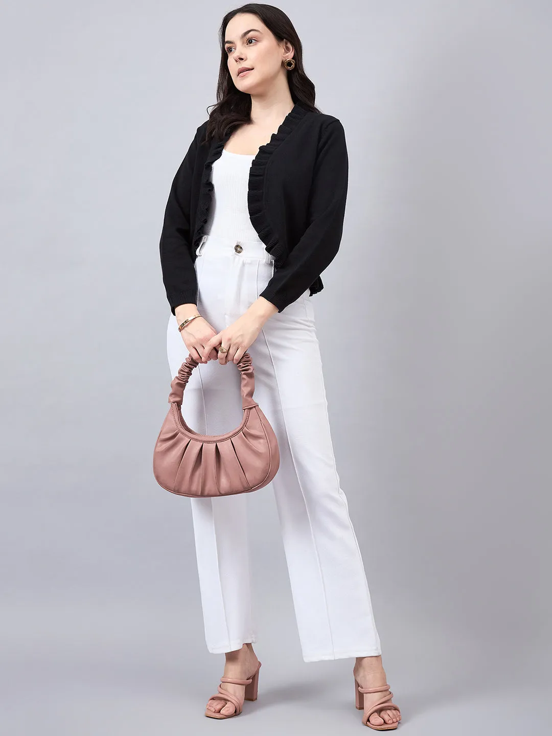 Style Quotient Women Solid  Black Flat Knit Smart Casual Ruffled Shrug