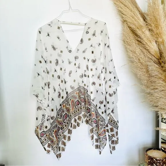 UO ECOTE White Sheer Paisley Beige Print Oversized Kimono Shawl Sweater Top