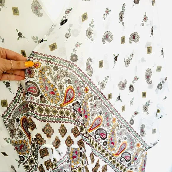 UO ECOTE White Sheer Paisley Beige Print Oversized Kimono Shawl Sweater Top