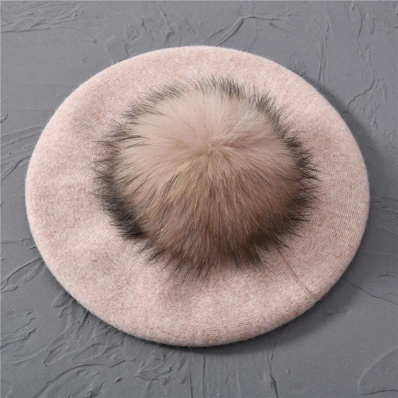 Winter Women's Knitted Wool Beret with Natural Raccoon Fur Pom-Pom